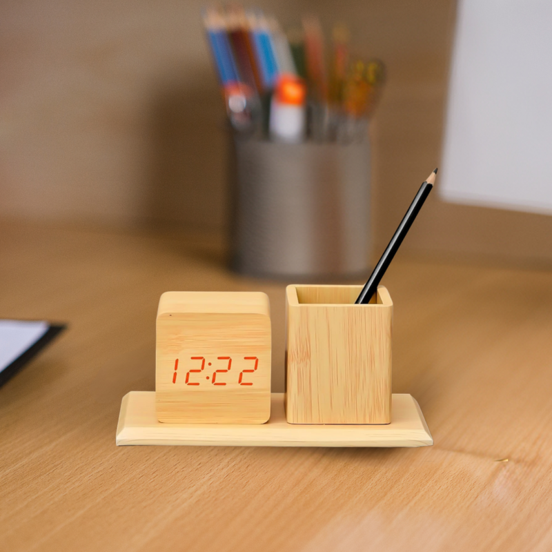 Wooden Alarm Clock with Pen Holder - Image 4