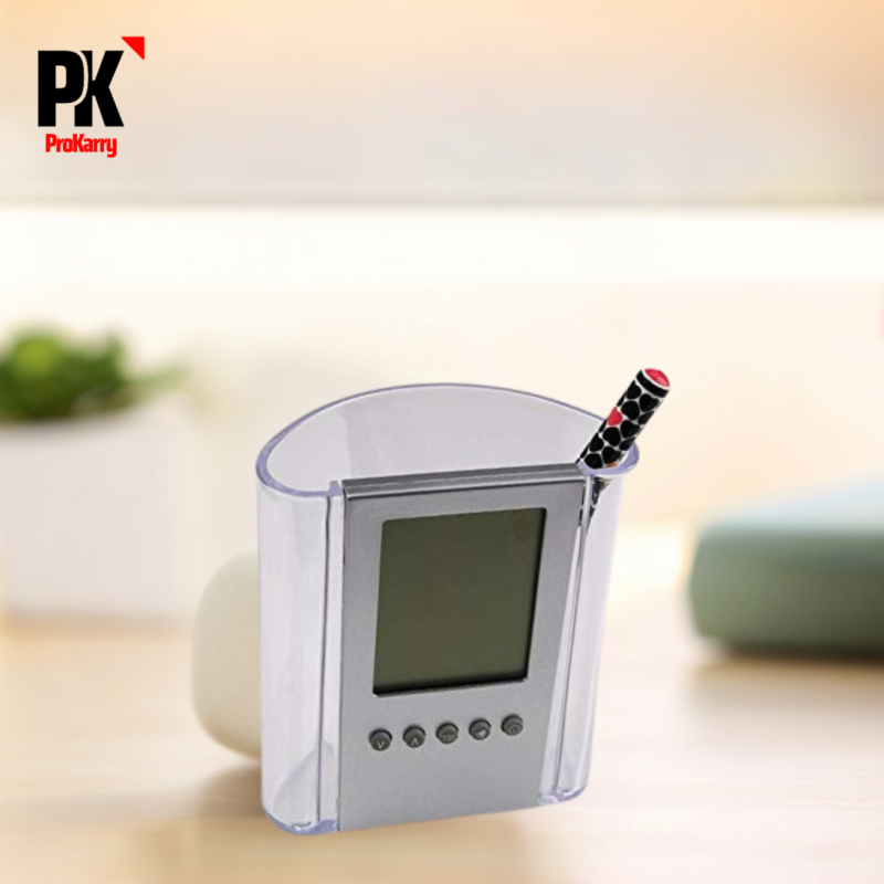 Transparent pen stand with table clock