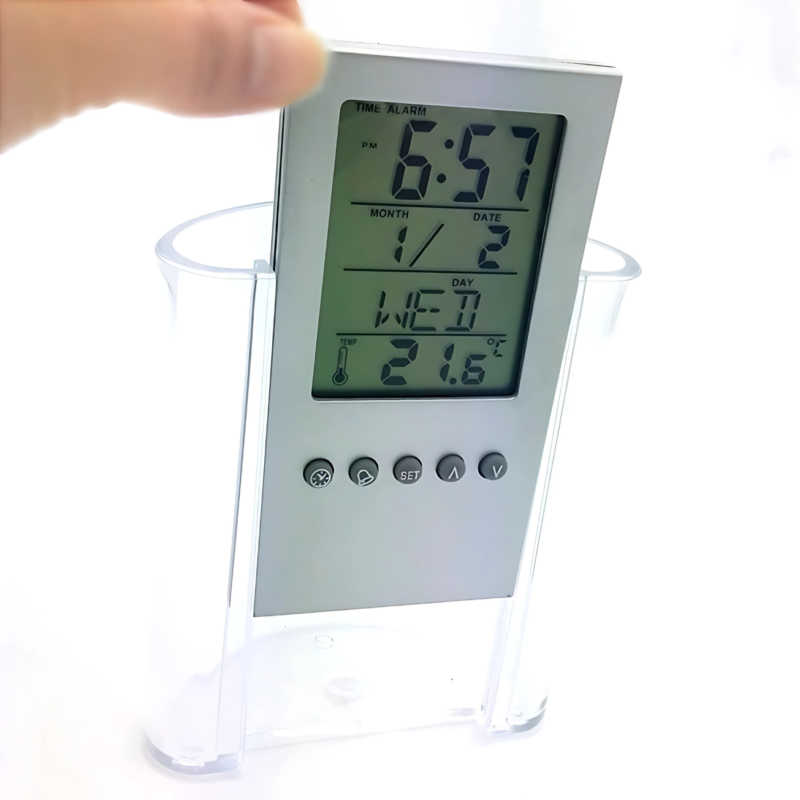 Transparent pen stand with table clock - Image 3