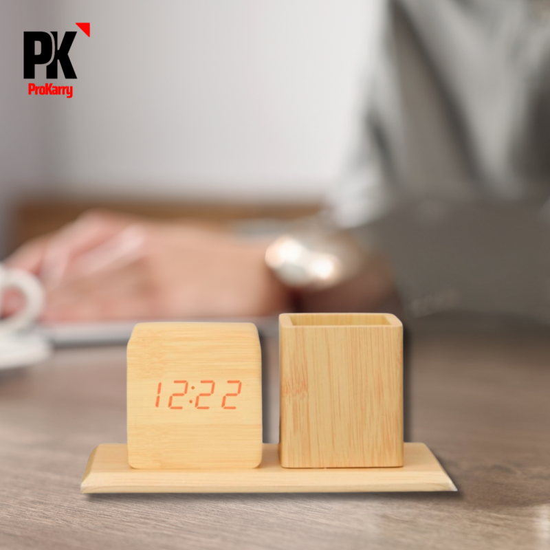 Wooden Alarm Clock with Pen Holder