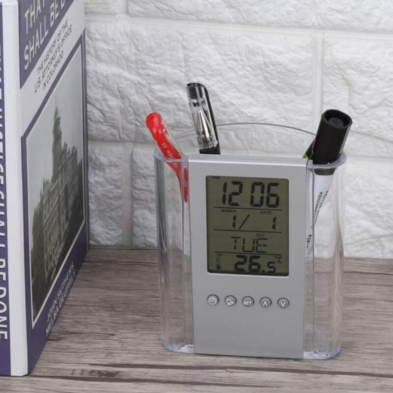 Transparent pen stand with table clock - Image 6